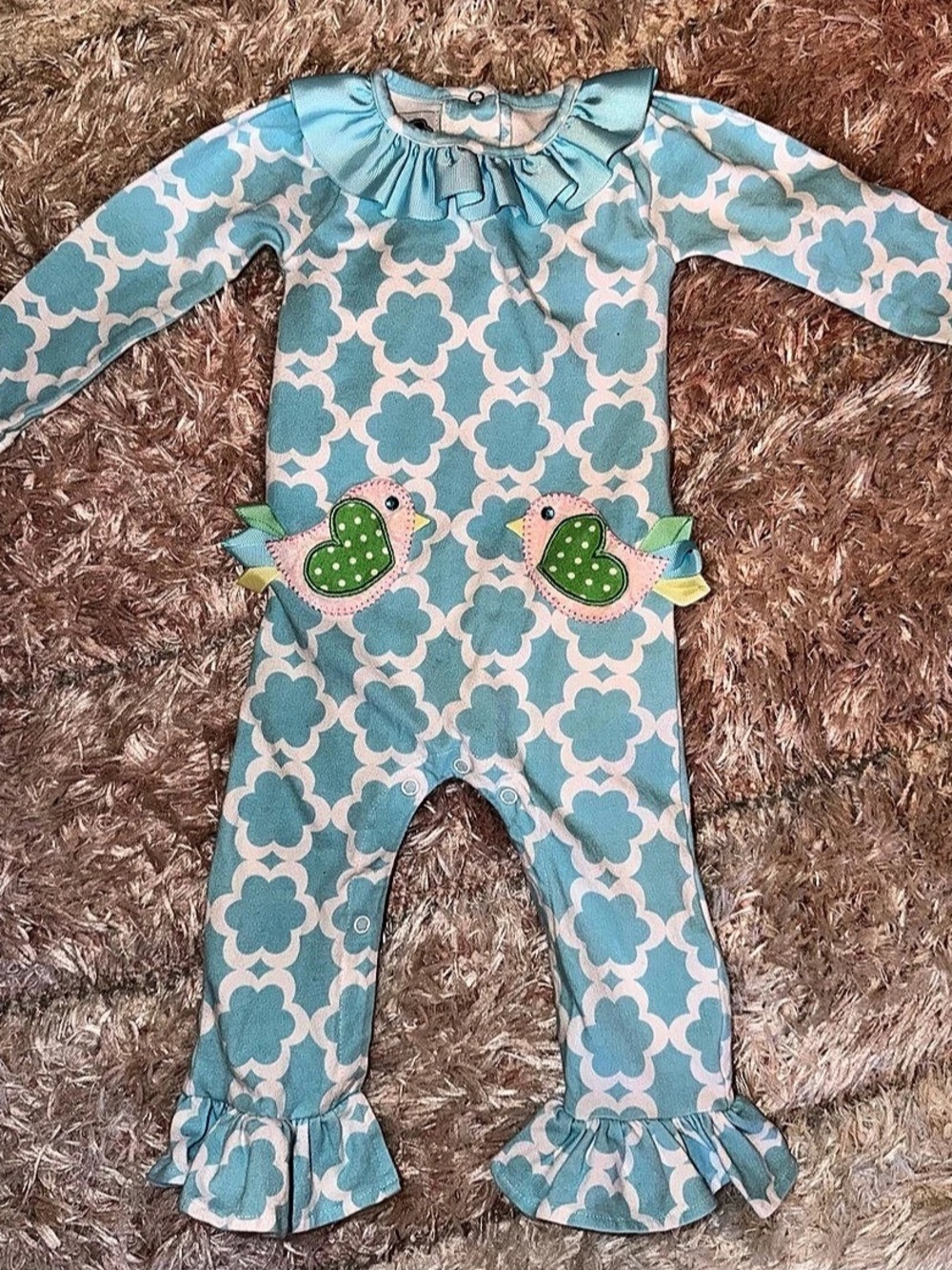 Mud Pie Baby Blue & White Patterned Romper 9-12M